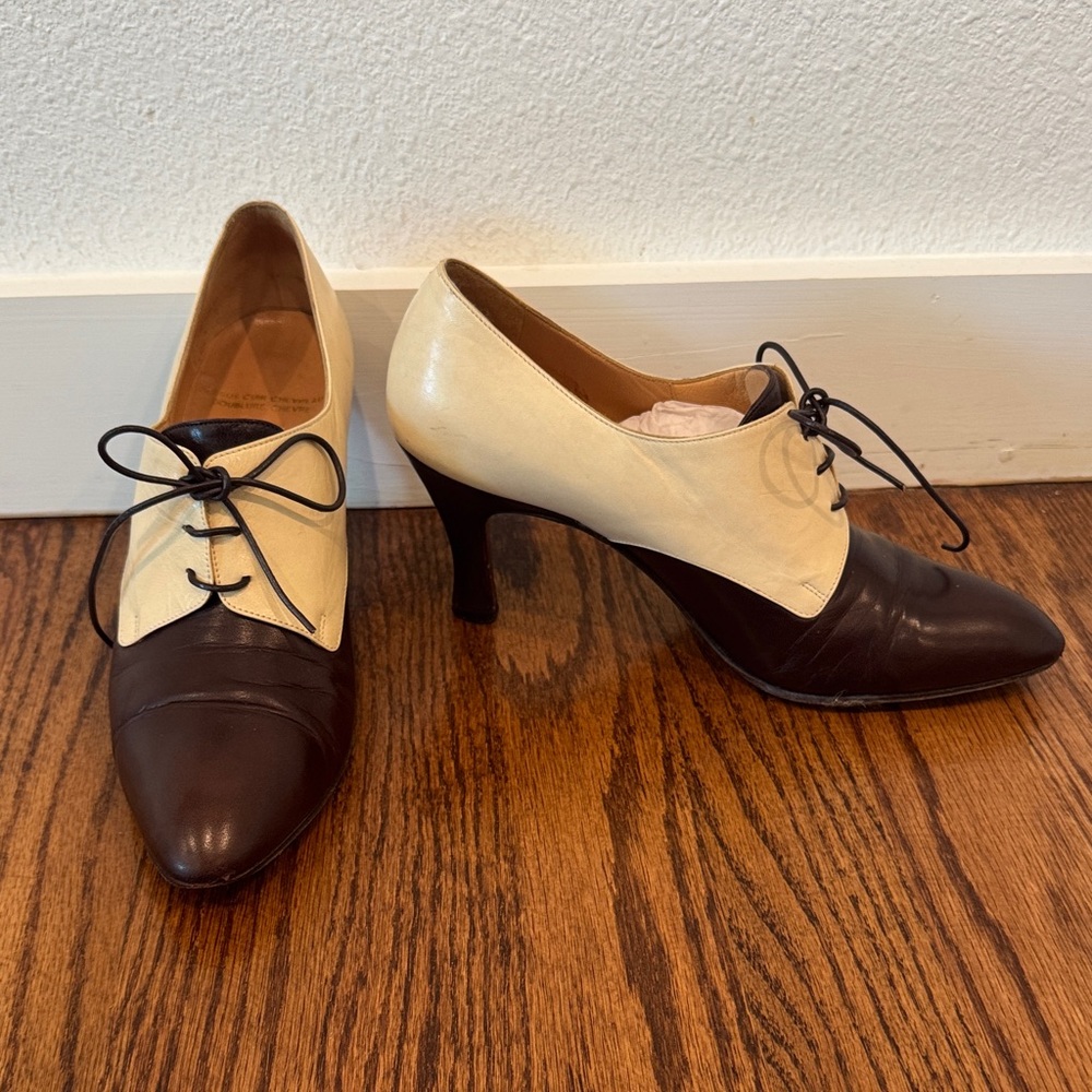 Vintage Celine Oxford Leather Heels in brown & cream, Sz 37